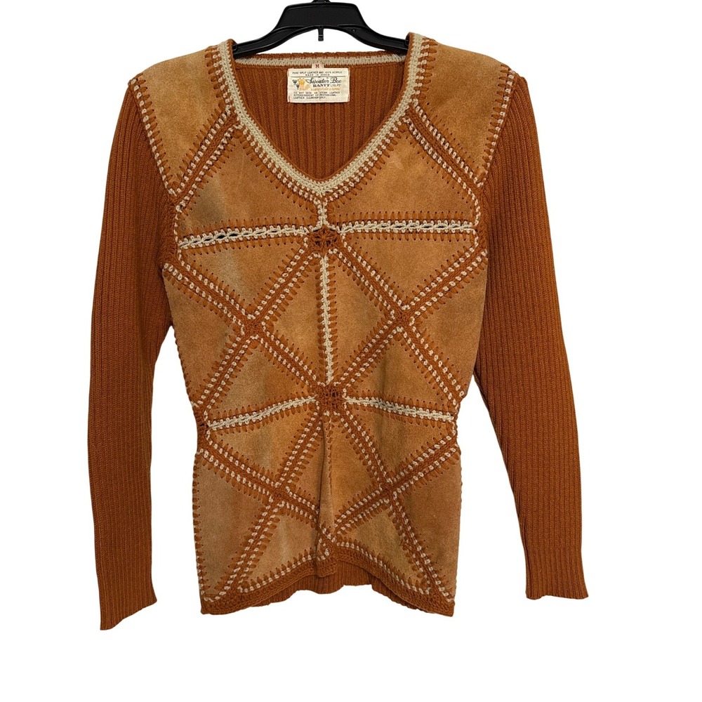 Sweater Bee by Banff Vintage Leather Patchwork Knit Sweater Brown‎ Women Medium